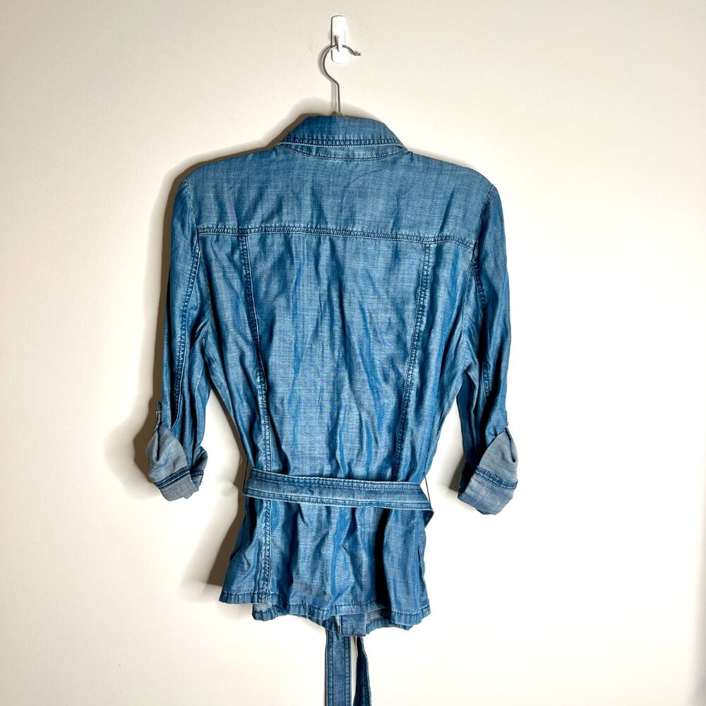 White House Black Market Blue Denim Button-Down Shirt with Tie Waist - Picture 5 of 5